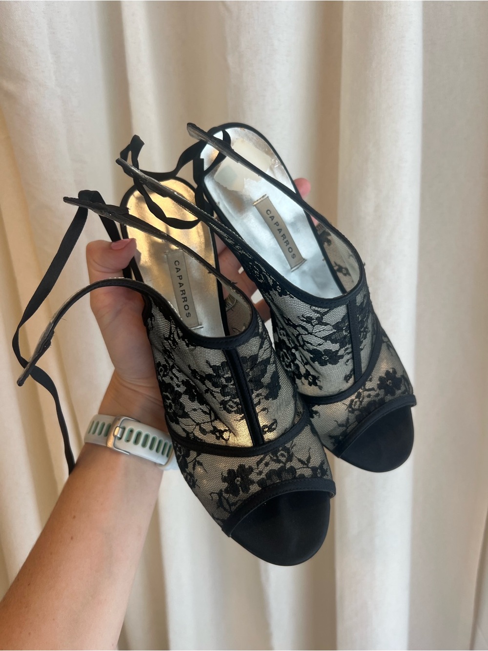 Caparros Black Lace Open-Toe Slingback Heels